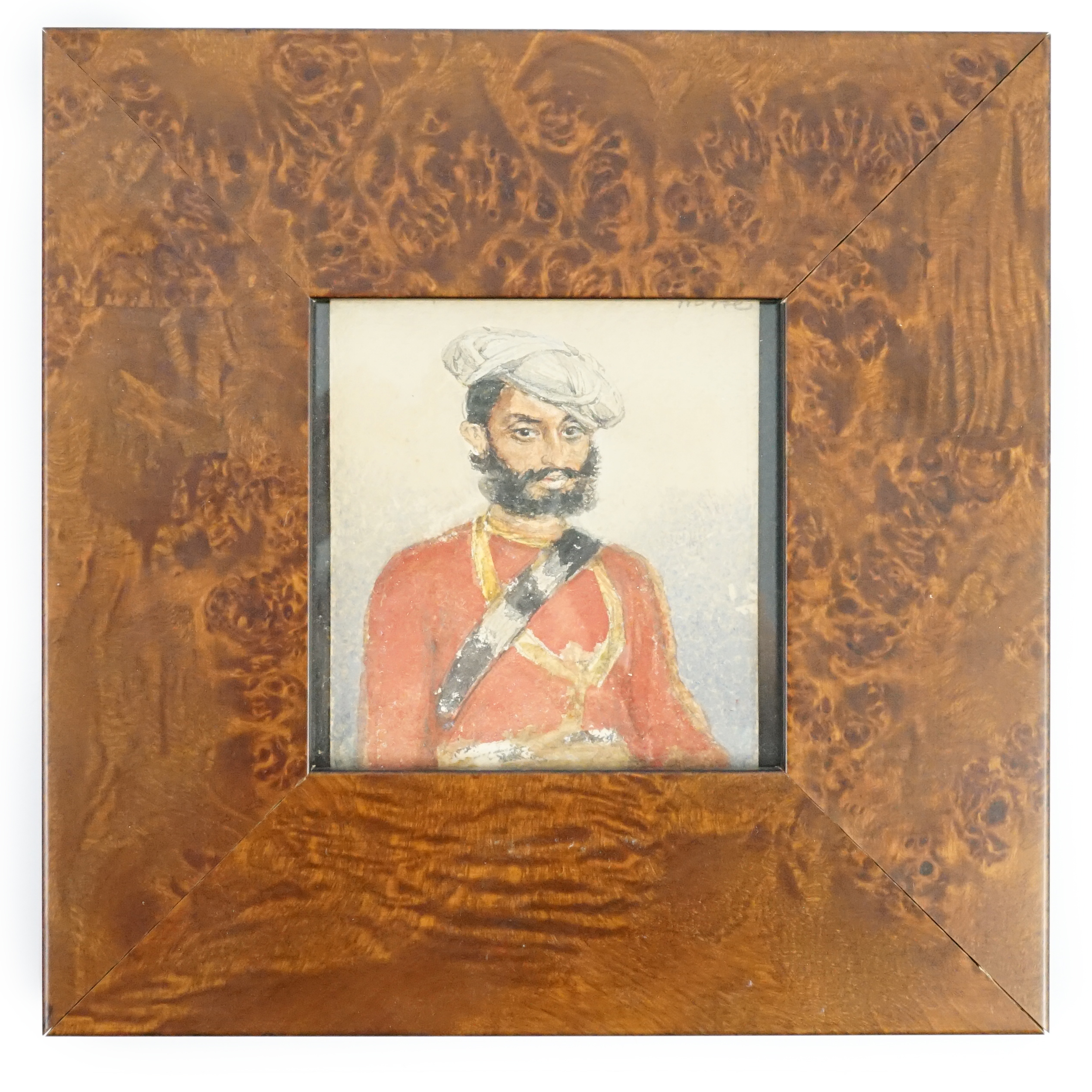 Anglo Indian School c.1850 , Portrait miniature of an Indian Officer of the South Mahratta Irregular Horse, c.1849, watercolour on paper, 10.25 x 8cm.